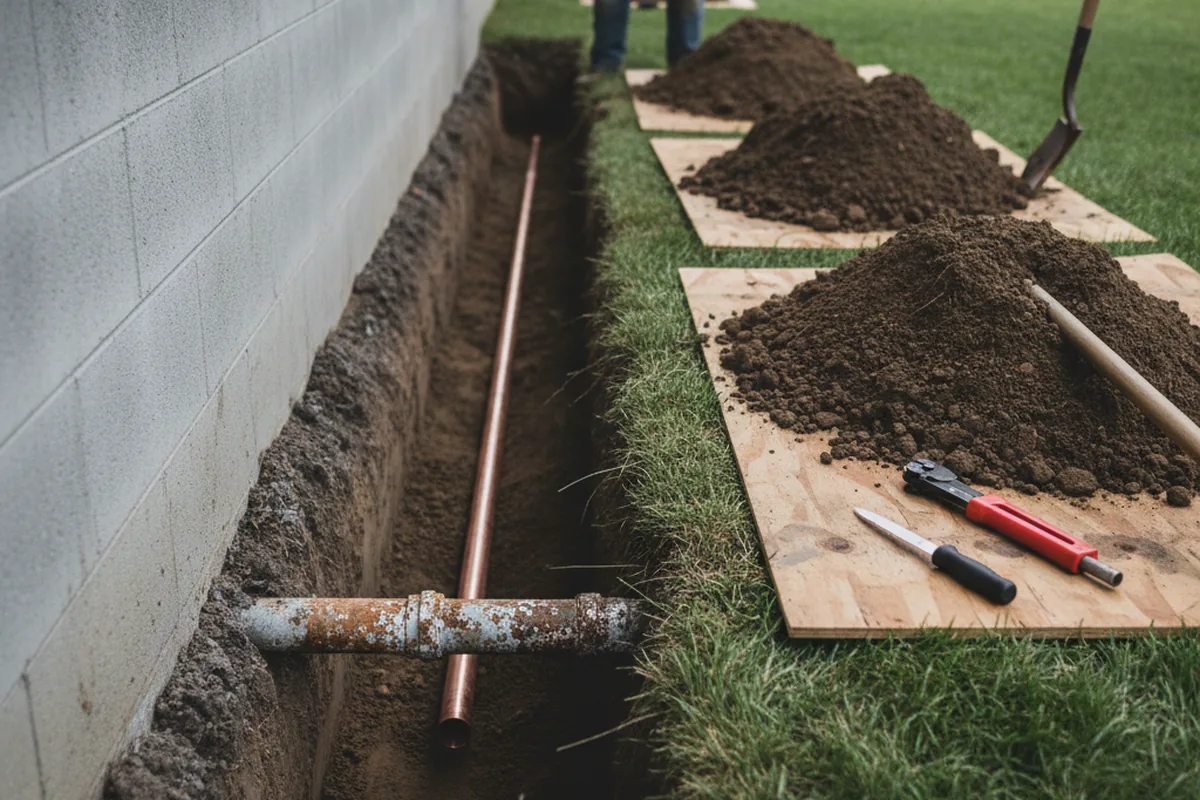 Excavated water line trench during Sewer Line Repair in Brookston